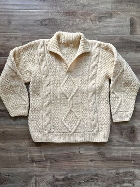 Men's Vintage Handknit Cable Shawl Collar Sweater Fisherman Pullover Cream Wool